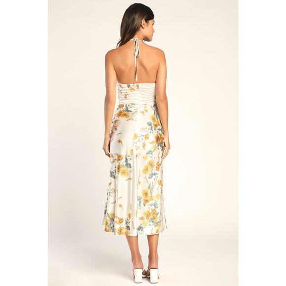 Lulus Unforgettable Moments Ivory Floral Cutout Halter Midi Dress XS Cocktail - Picture 14 of 14